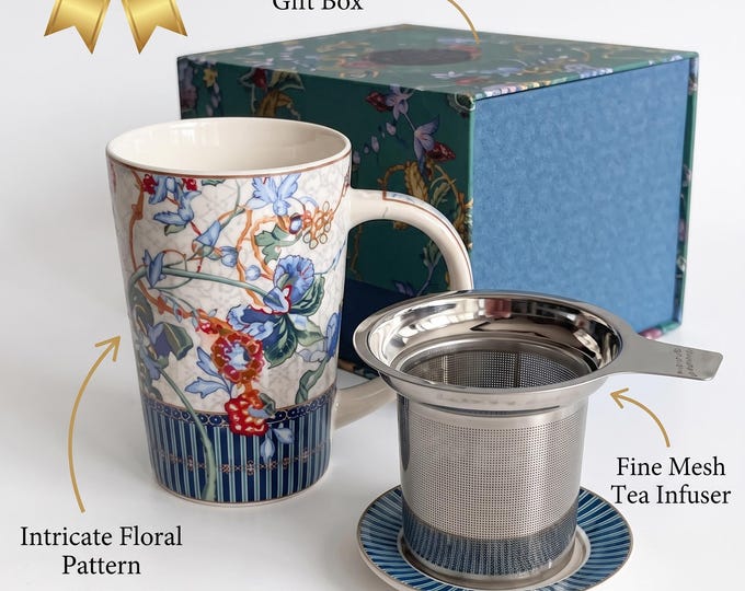 Floral Tea Infuser Mug Set, 300ml Porcelain Ceramic Cup with Stainless Steel Strainer, Botanical Tea Gift Box, Elegant Loose Leaf Tea Brewer