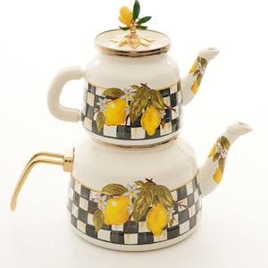 Turkish Tea Set, Lemon Checkered Enamel Stacked Teapot
