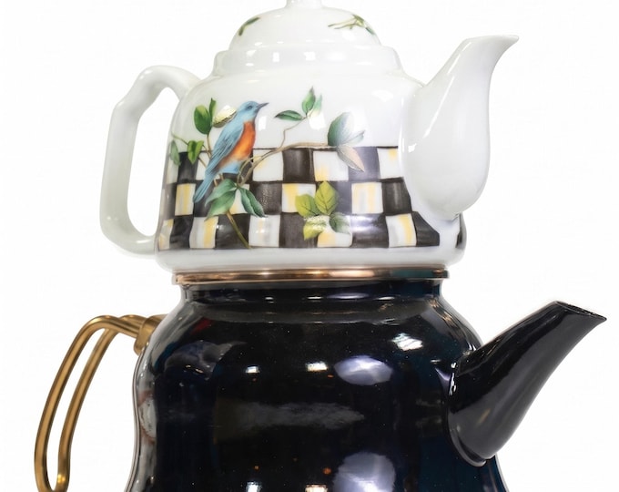 Double Teapot Porcelain and Enamel | Black and White Floral Bird Design | Vintage Kitchen Decor | Tea Party and Tableware