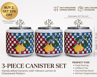 Kitchen Canister Set Of 3, Ceramic Storage With Lemon Checkered Design