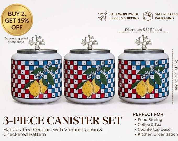 Kitchen Canister Set Of 3, Ceramic Storage With Lemon Checkered Design