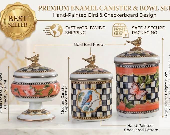 Whimsical Canister Collection, 3-Piece Enamel Checkered Storage Set with Bird and Butterfly Motifs, Kitchen Decor, Tea Coffee Sugar Jars