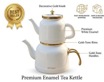 White Enamel Turkish Teapot Set, Gold Trim, Stovetop Double Tea Maker