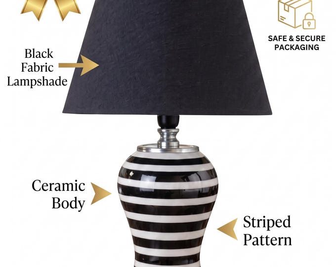 Ceramic Table Lamp, Black and White Striped Base, Tapered Shade (48 x 30 cm)