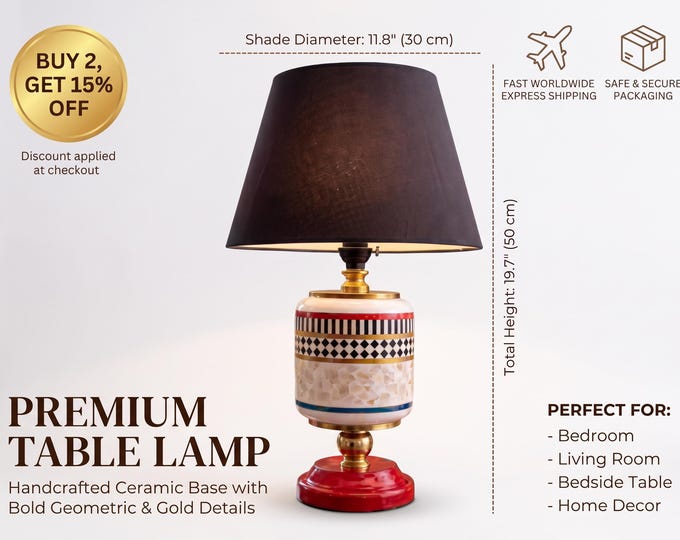 Ceramic Table Lamp with Black Fabric Shade, Red Base, Mixed Floral, Checkered & Geometric Patterns, Eclectic Decor for Living Room