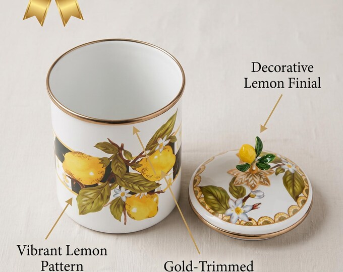 Lemon Canister, White Enamel Kitchen Storage Jar with Checkered Citrus Motif, Vintage Lemon Jar, Pantry Organizer, Retro Home Decor