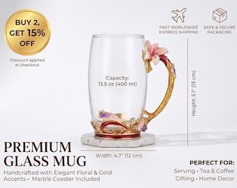 Ornate Floral Glass Mug, Gold Handle, Pink Purple Red Accents, Marble Base
