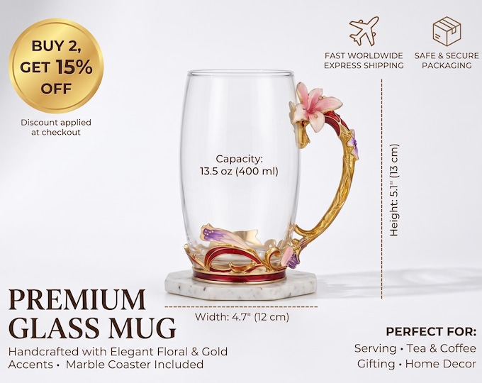 Ornate Floral Glass Mug, Gold Handle, Pink Purple Red Accents, Marble Base