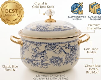 Blue Toile Pot 3.5L Enamel Cookware with Glass Knob Lid, Floral French Country Kitchen Decor, Vintage Chinoiserie Style, Gold Handles