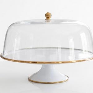 White Cake Stand, Enamel Pedestal with Gold Rim and Plexiglass Dome