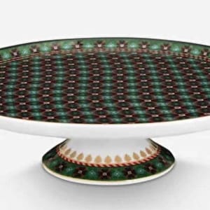 Groene porseleinen taartstandaard | Geometrisch patroon, sierlijke voet (21 cm)