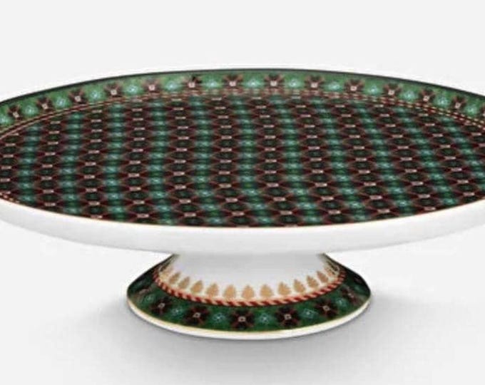 Green Porcelain Cake Stand | 21 cm Geometric Pattern with Ornate Pedestal | Vintage Style Dessert Display | Berry Blues Collection