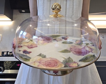 Soporte para tarta de rosas con cúpula de plexiglás (30 cm)