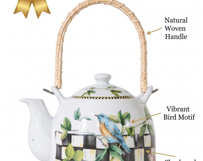 Porcelain Teapot with Wicker Handle, Bird and Check Pattern, 0.8 L Tea Pot, Kitchen Decor, Gift for Tea Lovers, Bird and Leaves Design