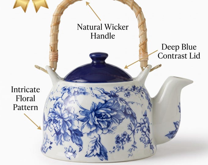 Blue White Teapot with Woven Rattan Handle, Floral Porcelain Chinoiserie, Gold Rim, 0.8L Vintage Tea Pot, Blue Floral Ceramic Teaware