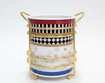 Ceramic Utensil Holder with Gold Wire Stand | Checkered Floral Pattern Kitchen Organizer | Countertop Storage for Cutlery and Cooking Tools