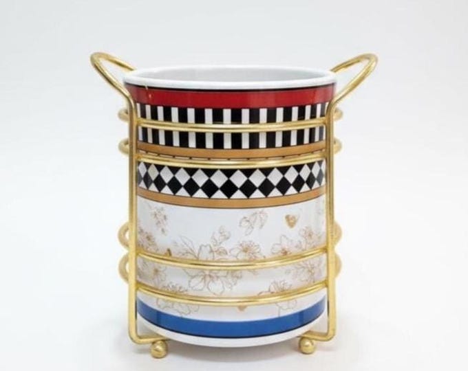 Ceramic Utensil Holder with Gold Wire Stand | Checkered Floral Pattern Kitchen Organizer | Countertop Storage for Cutlery and Cooking Tools