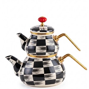 Checkered Teapot, Black White Enamel Turkish Set with 1 L and 2 L Sizes