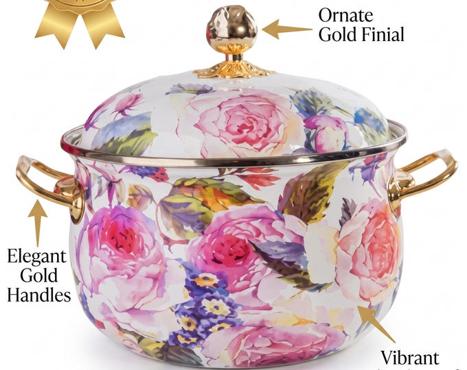 Floral Enamel Pot | Shabby Chic Pink Rose Dutch Oven, French Country Kitchen Decor