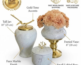 White Glazed Ceramic Marble Decor Set, Gold Accents, Living Room Vase (3-Piece)