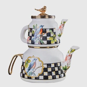 Enamel Teapot, Black And White Check Double-Tier Turkish Tea Set