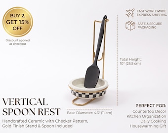 Black and White Checkerboard Ceramic Spoon Rest with Gold Wire Stand, Modern Kitchen Countertop Storage, Utensil Holder, Gift for Home