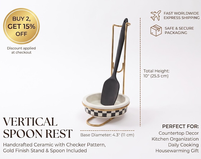 Black and White Checkerboard Ceramic Spoon Rest with Gold Wire Stand, Modern Kitchen Countertop Storage, Utensil Holder, Gift for Home