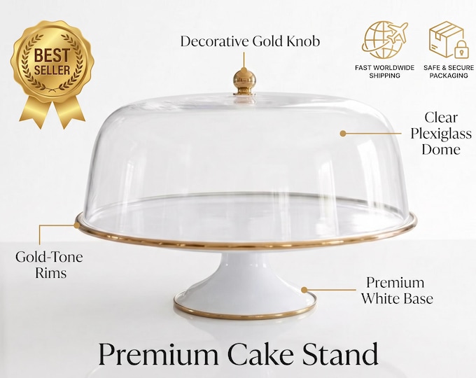 White cake stand with plexiglass dome, gold rim, footed enamel base, cake display stand, dessert cloche, wedding cake holder, elegant table