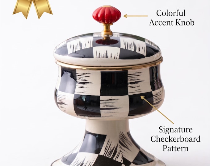 Enamel Sugar Bowl with Lid, Black and White Checkered Design, Gold Accent, 20 cm, Vintage Kitchen Storage, Mid Century Decor, Gift for Mom