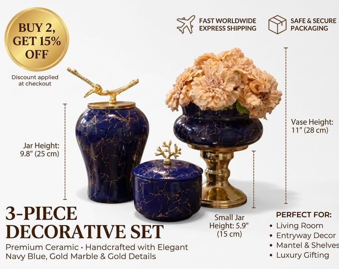 Navy Marble Jar Set with Gold Accents, Ceramic Decor with Bird-Branch Lid, Faux Marble Vase, Luxury Home & Table Centerpiece, Blue and Gold