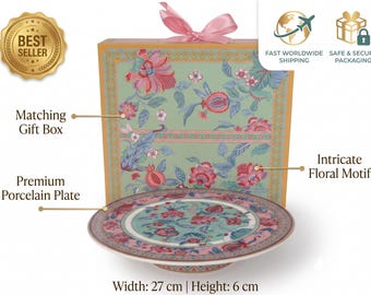 Floral Cake Stand, 27cm Porcelain Dessert Pedestal with Pomegranate Motifs, Botanical Border, Vintage Chinoiserie, Round Serving Plate
