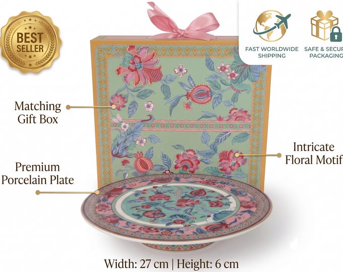 Floral Cake Stand, 27cm Porcelain Dessert Pedestal with Pomegranate Motifs, Botanical Border, Vintage Chinoiserie, Round Serving Plate