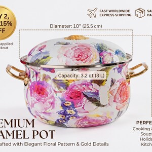 May include: A white enamel pot featuring a colourful floral pattern, gold-toned handles, and a matching lid. The pot has a diameter of 25.5 cm, a height of 15 cm, and a capacity of 3 litres. The exterior displays pink, purple, and blue flowers.