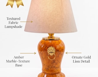 Orange Faux Marble Ceramic Lamp, Gold Lion Ring Accent, Vintage Table Lamp
