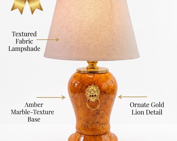 Orange Faux Marble Ceramic Lamp, Gold Lion Ring Accent, Vintage Table Lamp