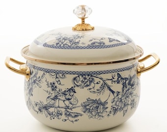 Blauwe toile geëmailleerde braadpan met kristallen knop