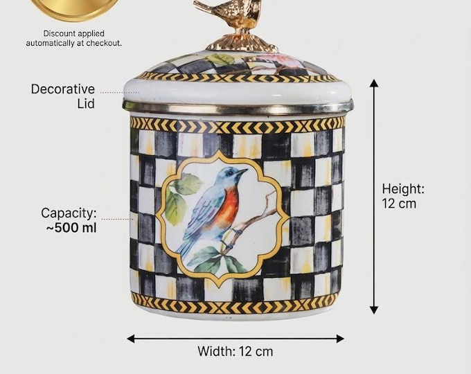 Enamel Canister 12cm Black White Check with Gold Bird Finial, Whimsical Storage Jar, Bird Motif Decor, Decorative Enamel Jar with Gold Trim