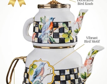 Double-Tier Enamel Turkish Tea Set | Black-White Check, Birds, Gold Bird Knob