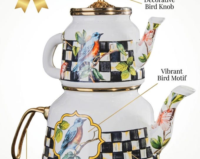 Double-Tier Enamel Turkish Tea Set | Black-White Check, Birds, Gold Bird Knob