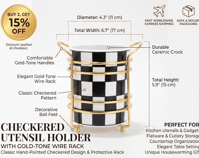 Black and White Check Utensil Holder, Ceramic Food Safe Caddy with Gold Wire Stand, Modern Kitchen Organizer, Dishwasher Safe, 15x11 cm