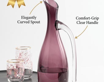 Purple Glass Pitcher 1,400ml Tall Water Carafe with Clear Handle | Modern Amethyst Beverage Jug for Serving and Entertaining