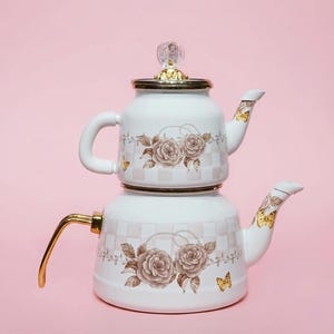 Enamel Teapot, Turkish Double Set with Rose And Butterfly Motif