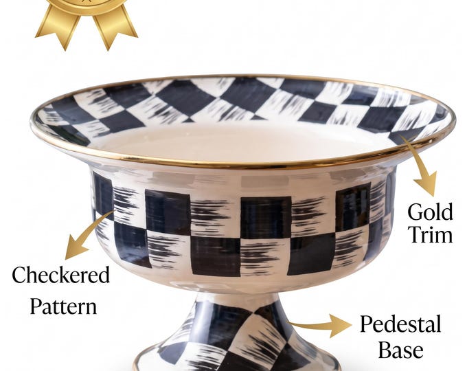 Enamel Pedestal Bowl, Black and White Check with Gold Edging, Table Centerpiece, Decorative Fruit Bowl, Kitchen and Dining Decor, 28×18 cm