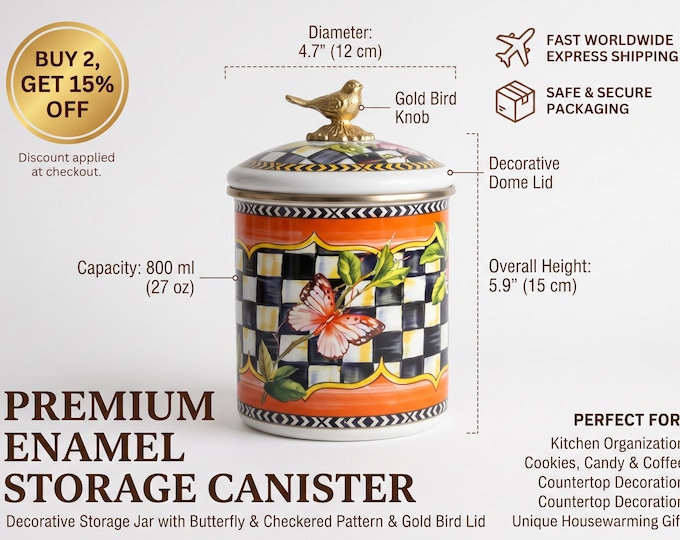 Enamel Canister, Checkered Butterfly Motif, Gold Bird Finial (15cm)