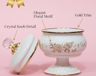 Enamel Sugar Bowl with Crystal Knob, Footed Rose Bonbonniere, Vintage Candy Dish, Shabby Chic Tea Party Decor, Gold Gilt Trim