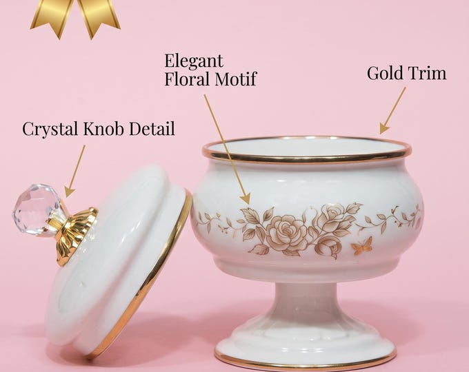 Enamel Sugar Bowl with Crystal Knob, Footed Rose Bonbonniere, Vintage Candy Dish, Shabby Chic Tea Party Decor, Gold Gilt Trim