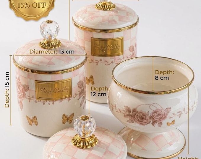 Pink Enamel Jar Set with Gold Trim, Floral Storage, Butterfly Accents (3-Piece)