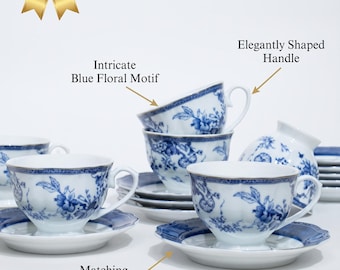 Blue and White Floral Tea Set for Six | Porcelain Service with Geometric Border, Chinoiserie Decor, 220 ml Cups, Vintage Style Drinkware