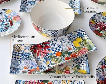 Mediterranean Floral Porcelain Dinnerware Set | 33 Pieces for 6 (Ceramic Plates, Bowls, Platters)