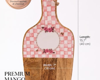 Wooden Cutting Board, Pink Checkered Floral Rose Accents, Rustic Serving Platter (17x40cm)